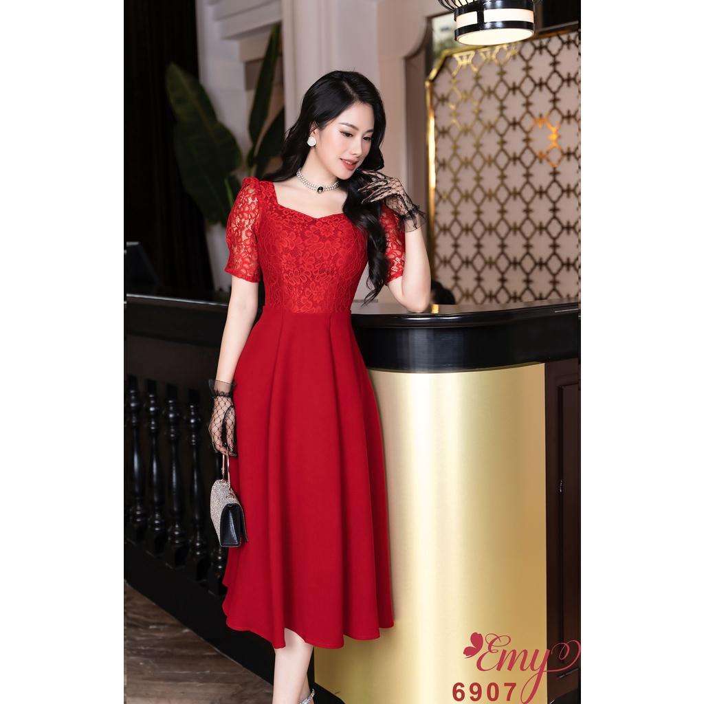 Đầm EMY EM6907 Xoè Đỏ Phối Ren