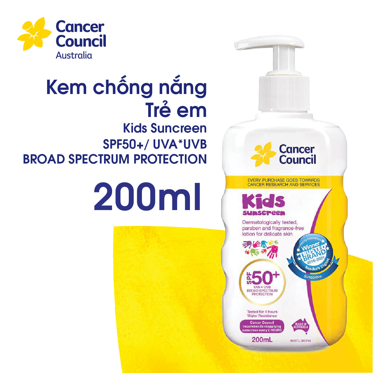 Kem chống nắng trẻ em Cancer Council Kids SPF50+/PA++++ 200ml