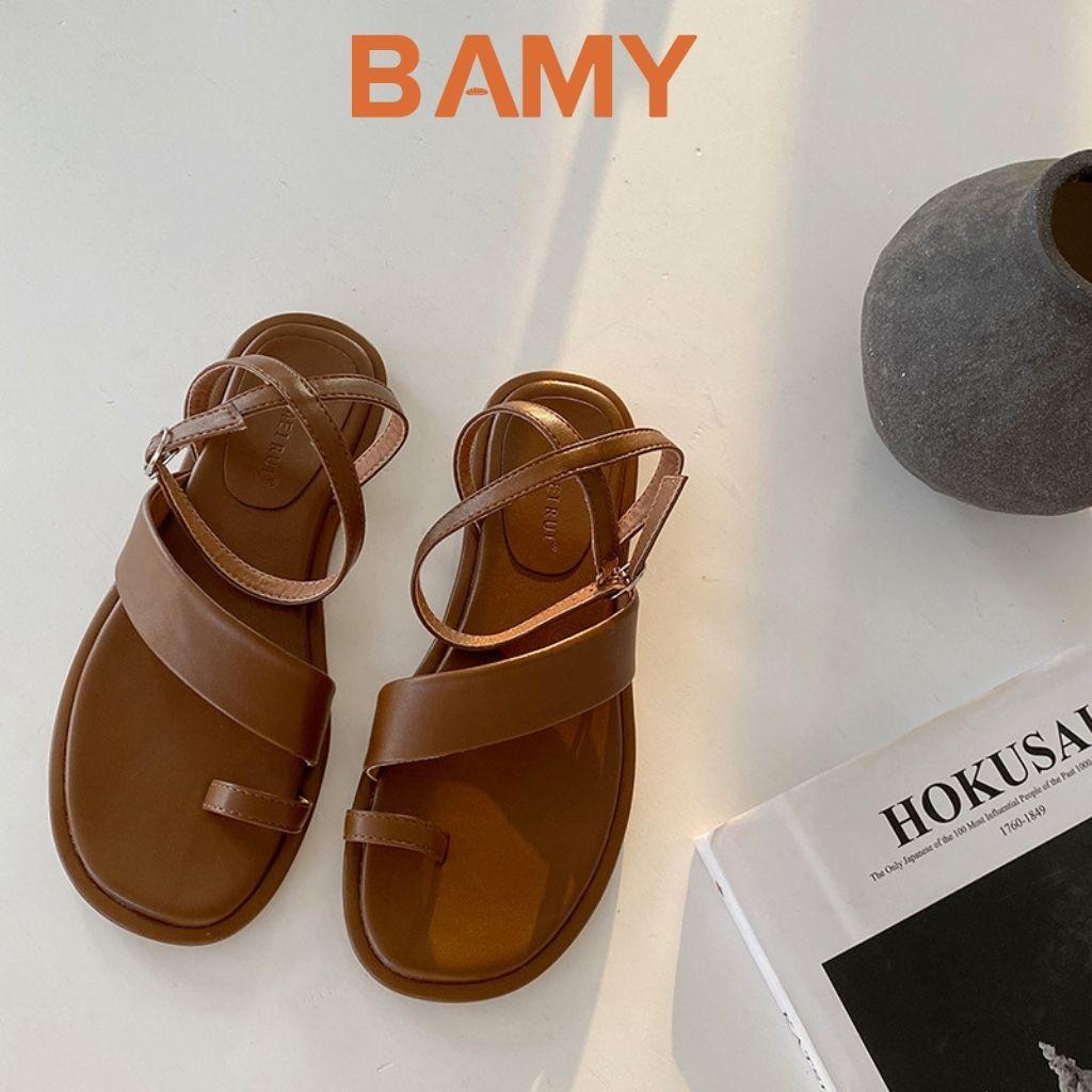 Giày (Dép) Sandal nữ xỏ ngón chiến binh BAMY đế bệt, quai chéo cài khuy cổ chân hot hè 2021 đi biển đi chơi đi học