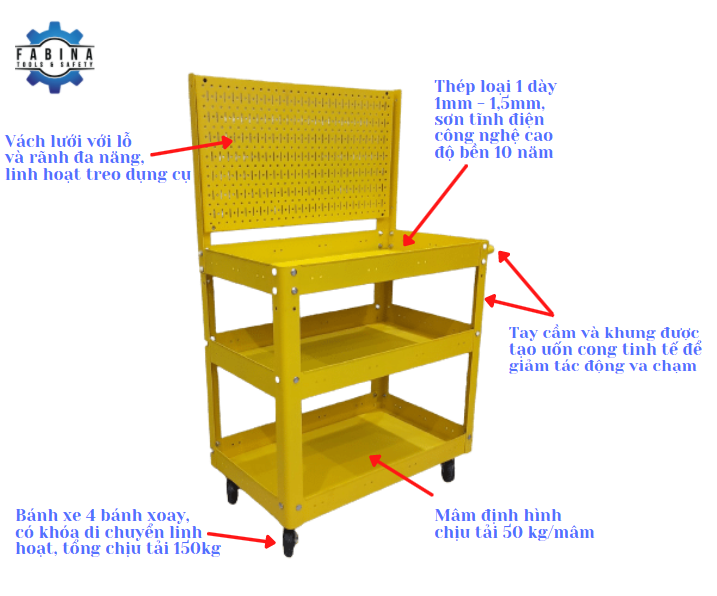 Xe đẩy 3 ngăn vách lưới 72cm vàng FABINA