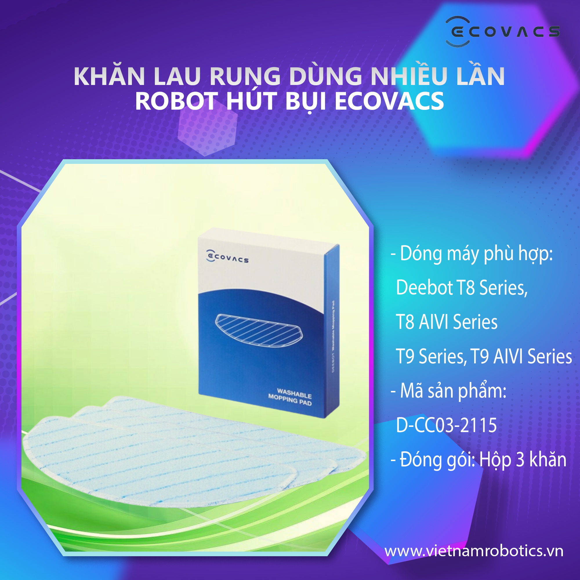 Khăn lau rung dùng nhiều lần dành cho Robot hút bụi lau nhà Ecovacs Deebot T8 AIVI Series, T8 Series, T9 Series, T9 AIVI Series - Hàng Chính hãng