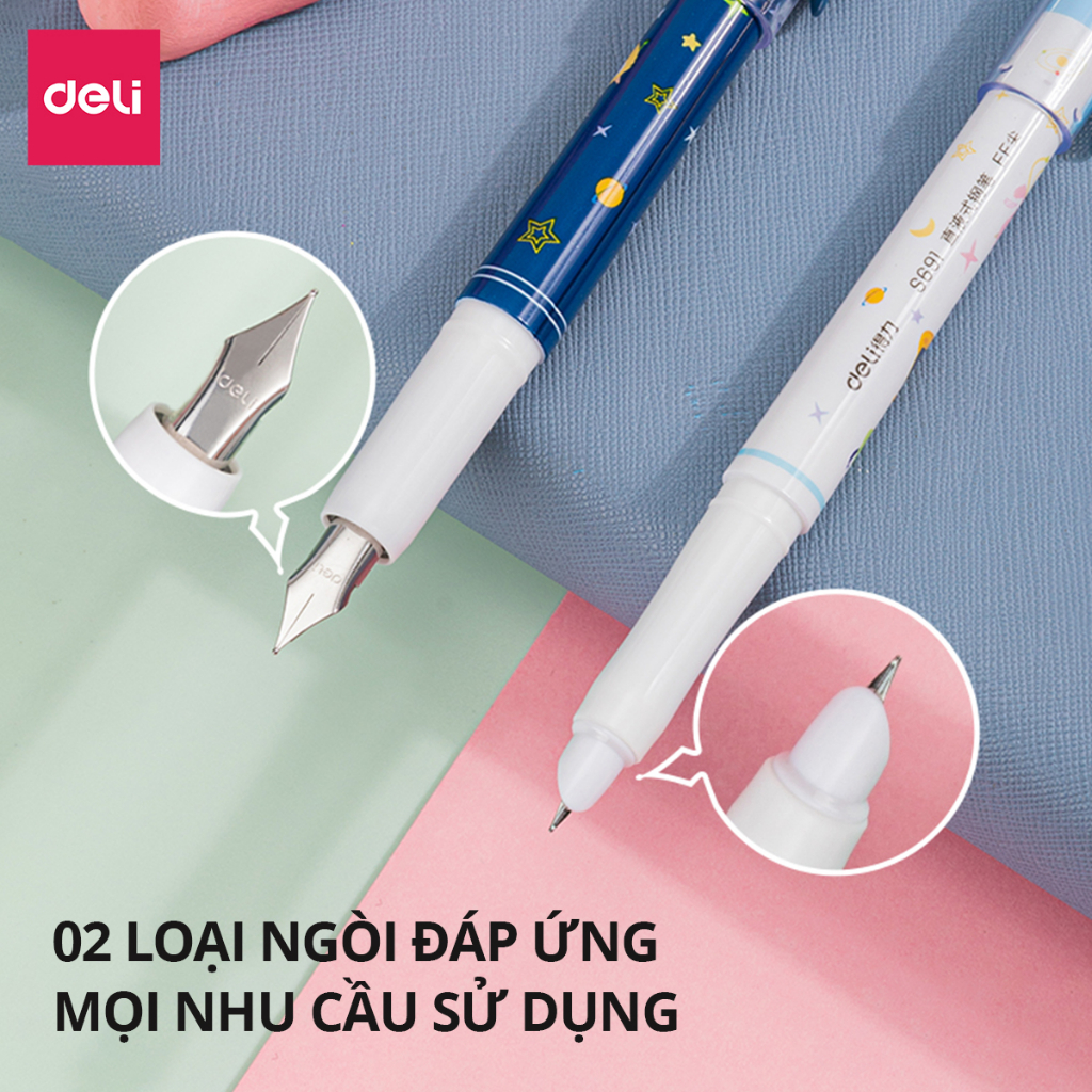 Set 2 bút máy học sinh kèm ống mực xanh cao cấp Deli, bút luyện viết chữ đẹp, tập viết chính tả họa tiết dễ thương