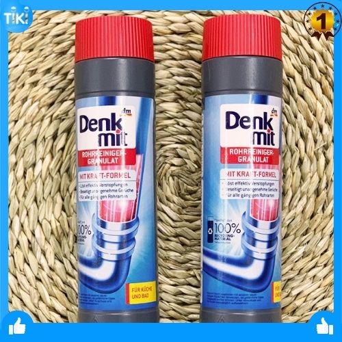 [Nhập Khẩu Đức]Bột thông cống Denkmit Rohrreiniger Granulat, 600 g loại bỏ tác nhân cứng đầu gây tắc nghẽn ống bởi tóc, dầu mỡ hoặc xà phòng gồm hai màu trắng và đen.