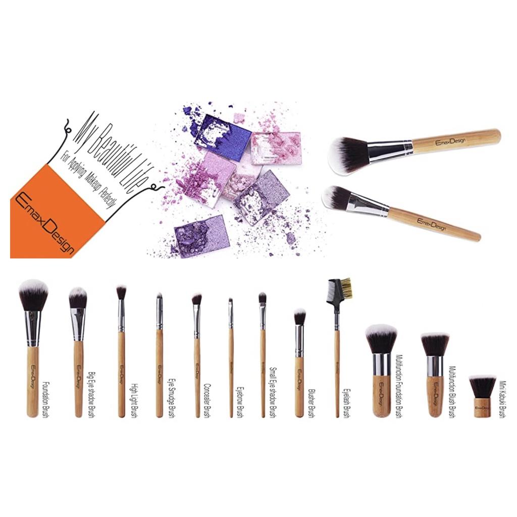 TÚI 12 CỌ TRANG ĐIỂM CHUYÊN NGHIỆP - SỢI KABUKI - CÁN TRE EmaxDesign 12 Pieces Makeup Brush Set Professional