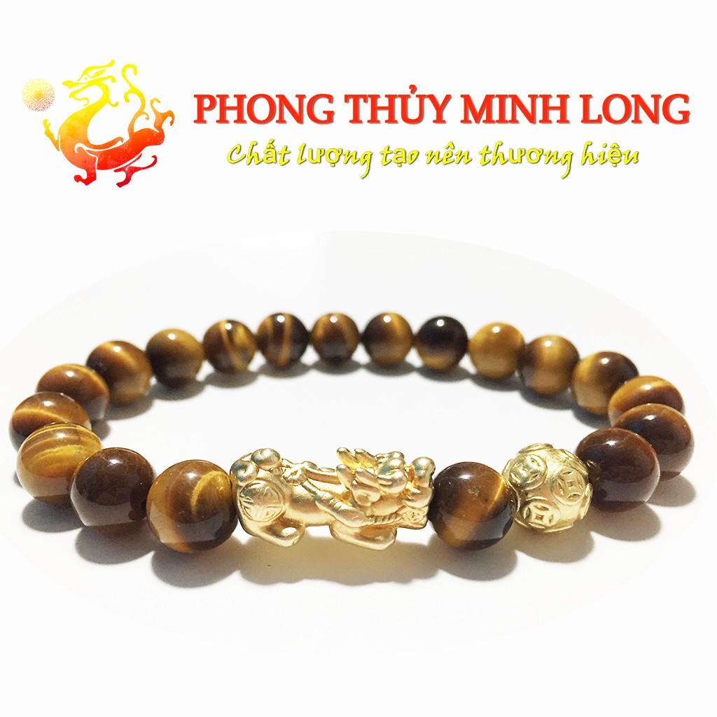 Vòng tay đá mắt hổ Vàng Nâu 5A mix Tỳ Hưu và 1 hạt kim tiền vàng mệnh Kim và Thổ