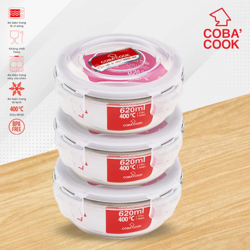 Bộ 3 hộp thủy tinh trữ thức ăn thực phẩm đựng cơm chịu nhiệt COBACOOK hộp tròn dung tích 620ml- CCR63