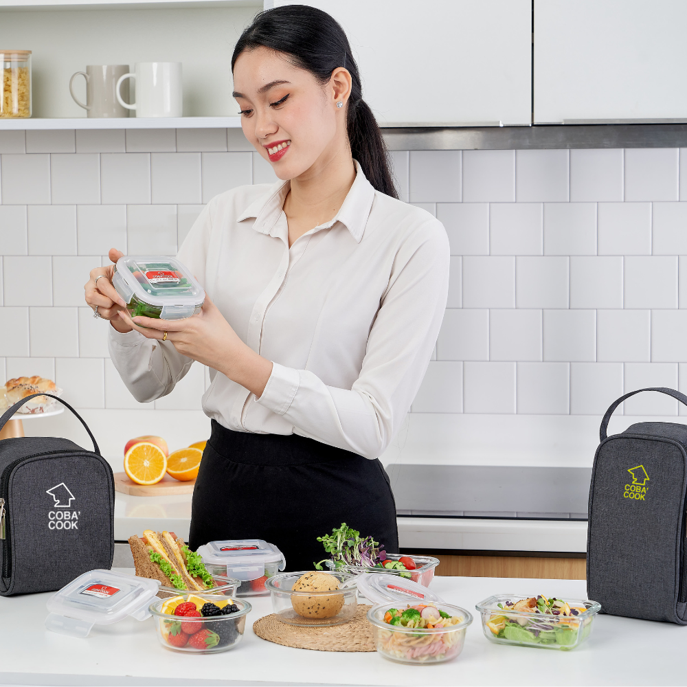 Bộ hộp đựng cơm thủy tinh chịu nhiệt hộp trữ thức ăn COBA'COOK 2 hộp tròn 640ml và 1 túi giữ nhiệt - CCR62BS