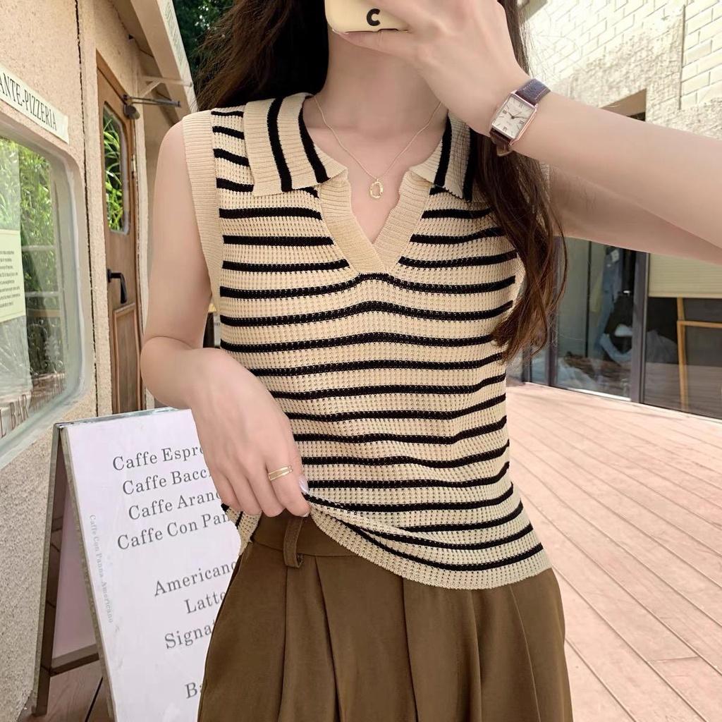 MS863 Áo sát nách cổ bẻ kẻ ngang mongtoghi