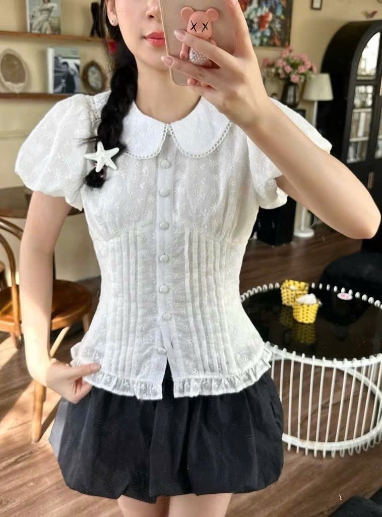 Áo sơ mi ren hoa cổ sen cao cấp-Áo sơ mi kiểu