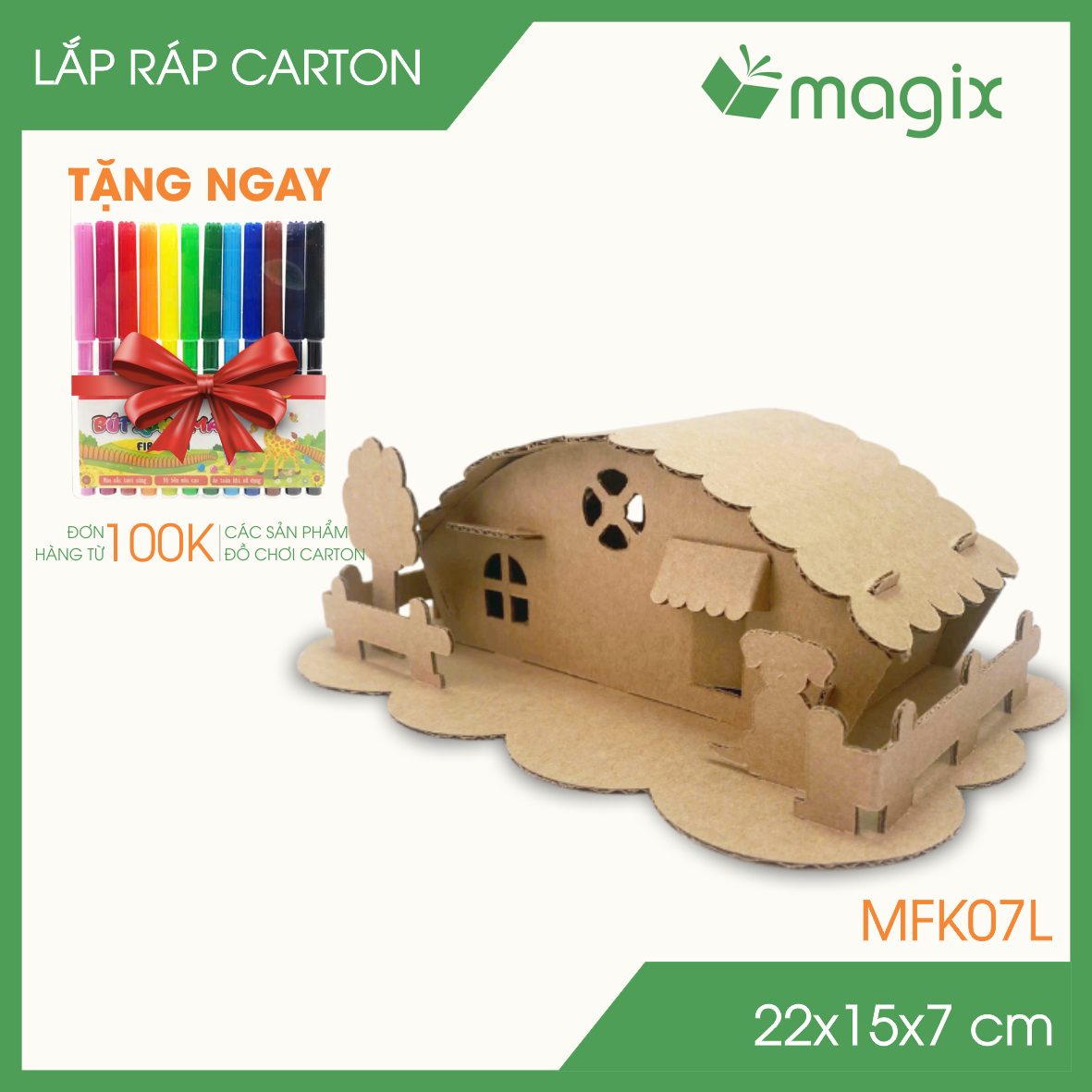 MFK07L - 22x15x7 cm - Mô hình ngôi nhà lắp ráp từ bìa carton cao cấp, nhà giấy carton mini sáng tạo
