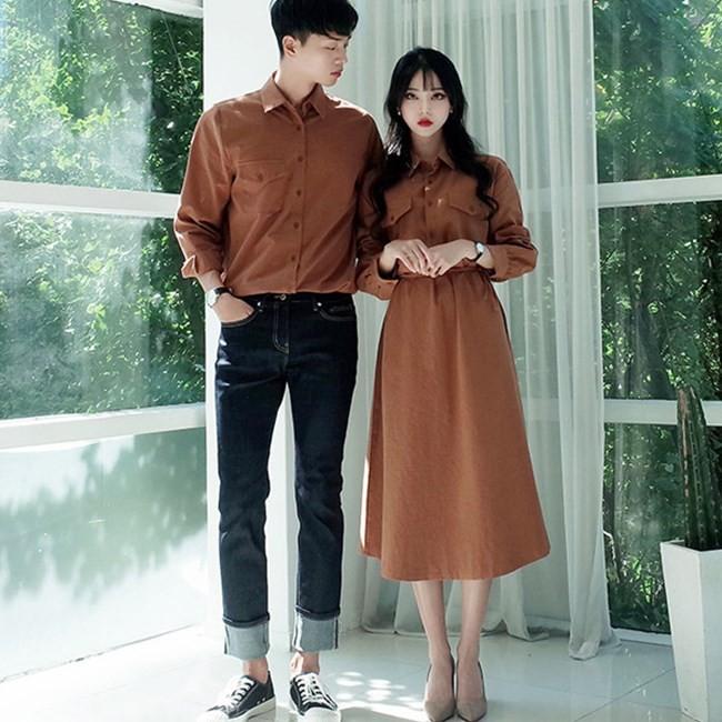 Áo đôi couple nam nữ Set váy nữ Áo sơ mi nam đẹp màu trắng và nâu Hàn Quốc thiết kế cao cấp AV192