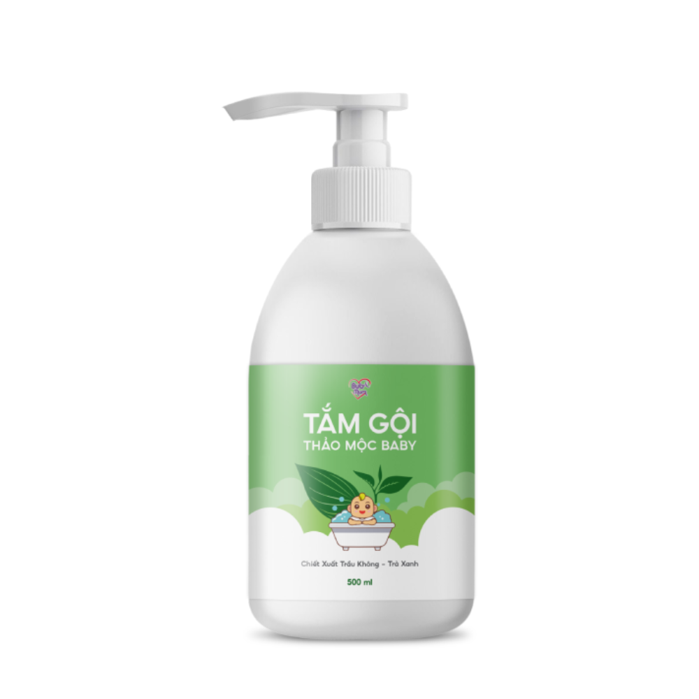 Tắm gội Thảo mộc Baby chiết xuất Trầu Không và Trà Xanh 500ml BuB&MuM công dụng diệt khuẩn, làm sạch, ngăn ngừa rôm sảy, mụn nhọt và giữ da luôn mềm mại, thơm mát hàng công ty chính hãng, xuất xứ Việt Nam