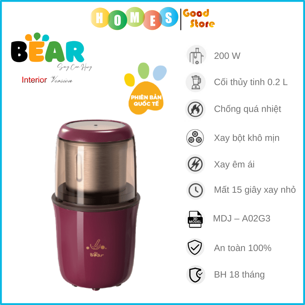 Máy Xay Cà Phê, Máy Xay Hạt Thực Phẩm Khô Đa Năng BEAR MDJ – A02G3 Chế Độ Xay Cực Êm Dung Tích 200 ML Công Suất 200 W- Hàng Chính Hãng