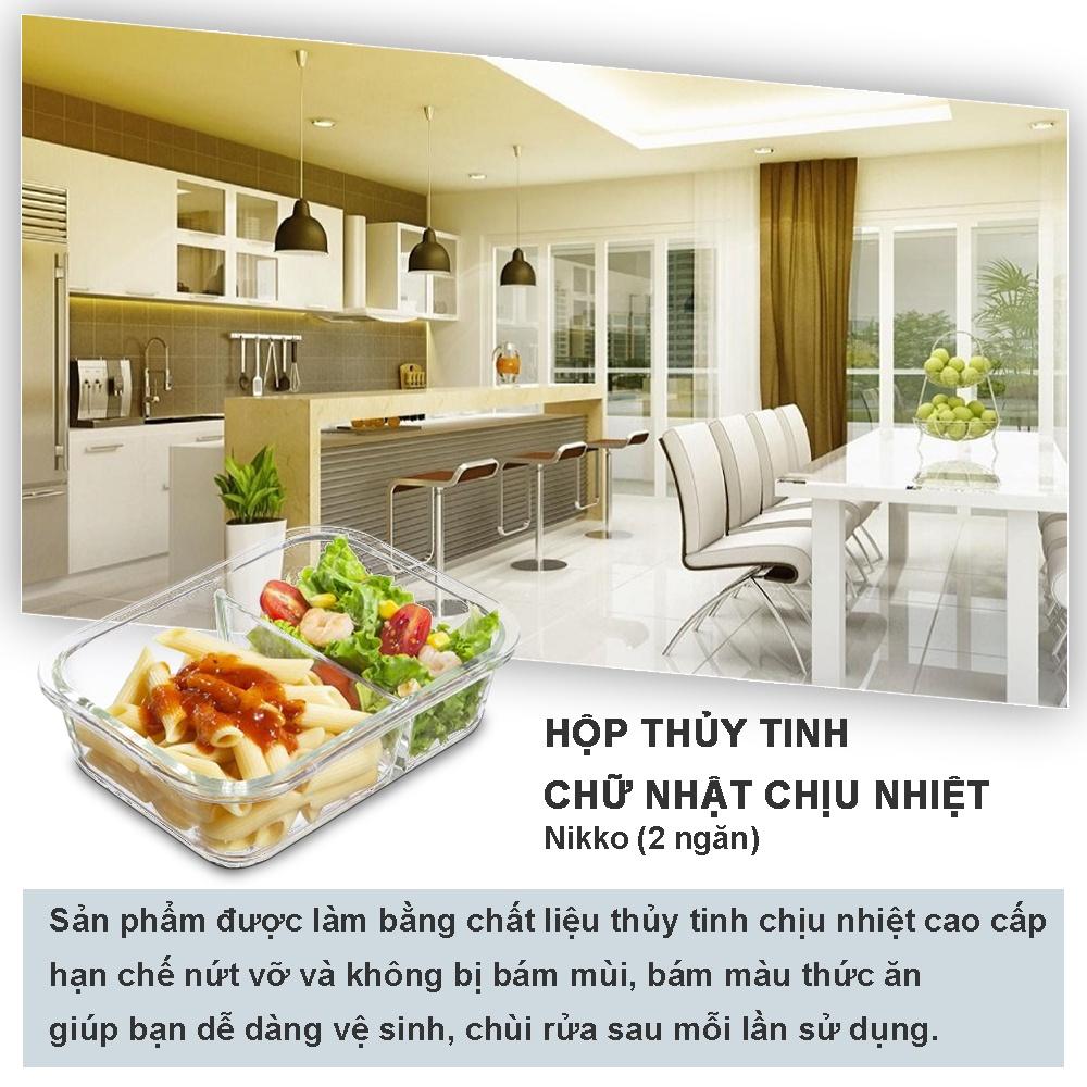 Thố thủy tinh Hộp đựng thực phẩm 2 ngăn nikko inochi hộp cơm thủy tinh chia ngăn cao cấp bảo quản đồ ăn thực phẩm