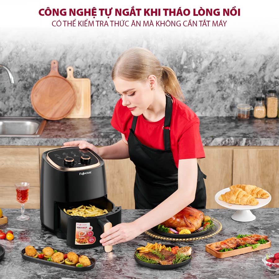 Nồi chiên không dầu cơ nhập khẩu Nhật Bản 4.5L Fujihome A4EB tự ngắt an toàn tặng kẹp inox - hàng chính hãng