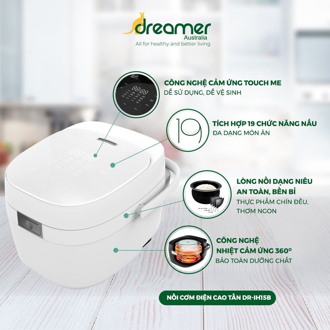 Nồi cơm điện cao tần (IH) Dreamer 1.5L  với 19 chức năng nấu ăn Dreamer DR-IH15 - Hàng Chính Hãng