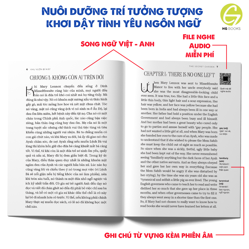 Sách Khu Vườn Bí Mật – Tác phẩm thiếu nhi kinh điển của Frances Hodgson Burnett - Song ngữ Việt – Anh - Kèm File Audio