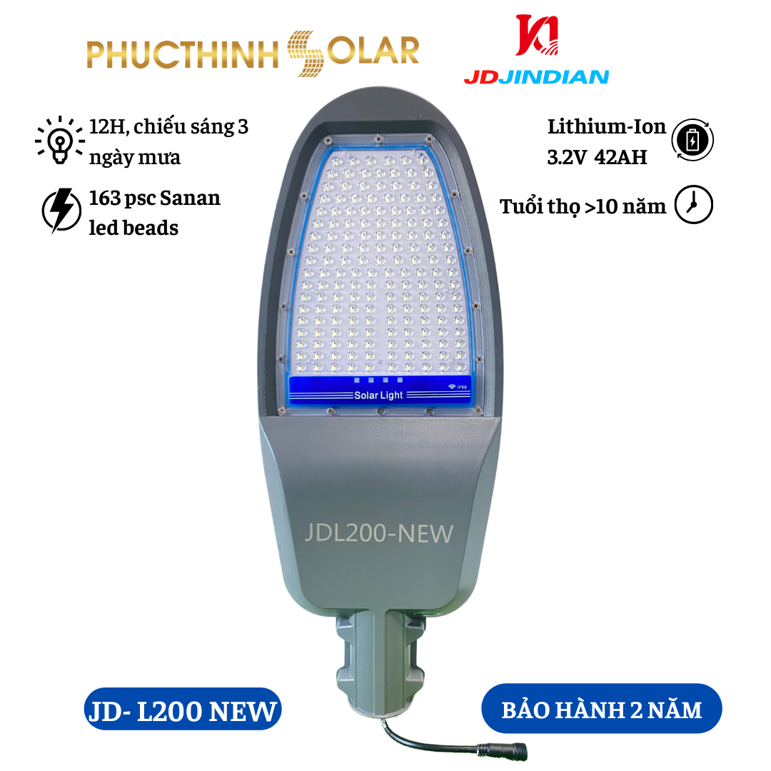 Đèn Đường Năng Lượng Mặt Trời 200W Jindian JD-200NEW Đèn Led Ngoài Trời Có Remote, Cảm Biến Ánh Sáng | Phúc Thịnh Solar