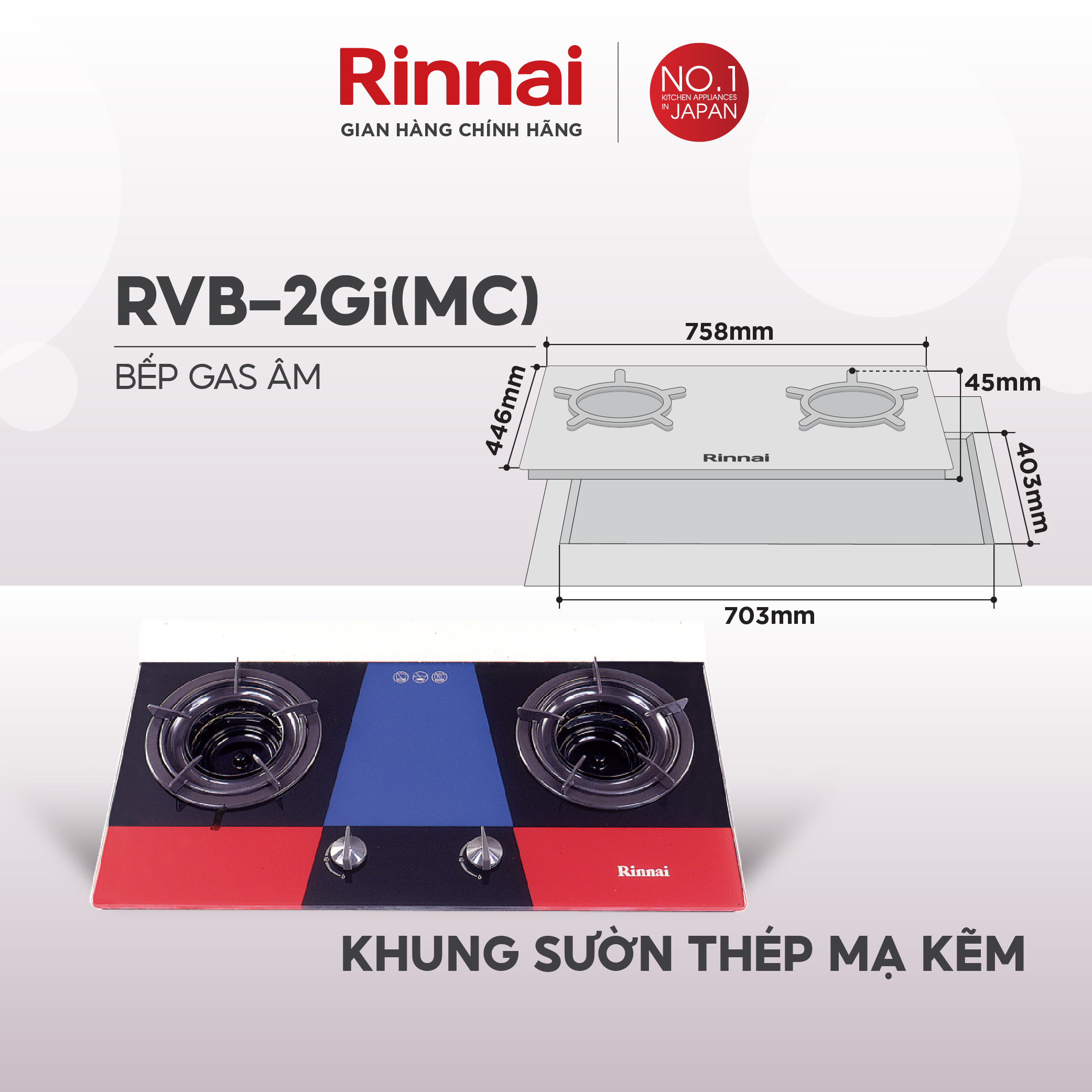 Bếp gas âm đầu đốt trong Rinnai RVB-2Gi mặt bếp kính và kiềng bếp men - Hàng chính hãng