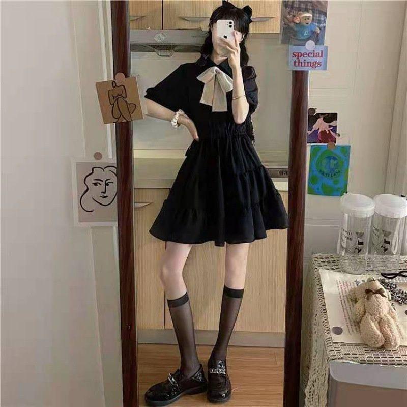 Đầm nữ BabyDoll Cộc Tay Nơ Buộc Nơ Dáng Xòe 3 Tầng 2 Màu Phong Cách Hàn quốc Q084