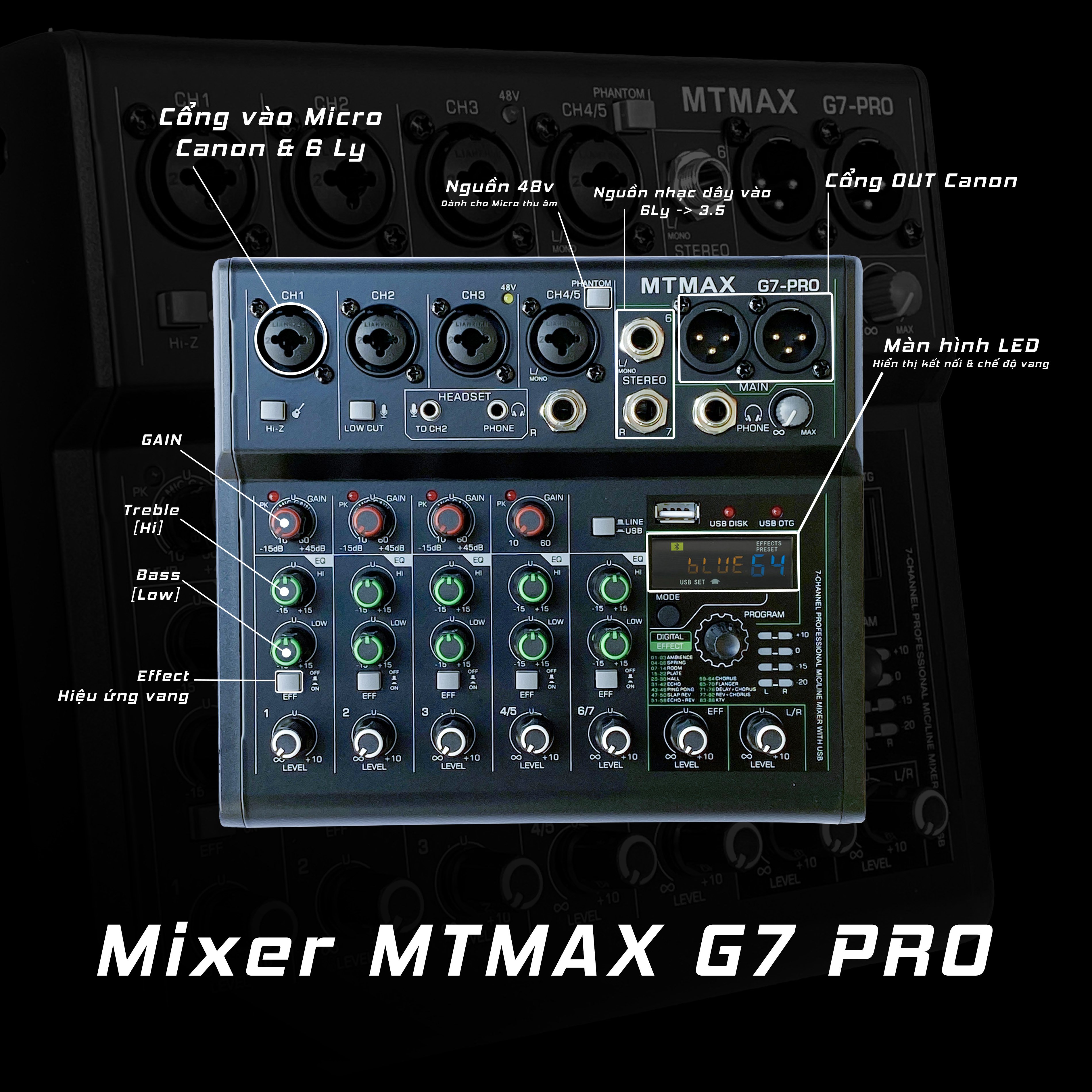 Mixer G7 MTMAX bluetooth -Karaoke Loa Kéo - Hát Thu âm - 88 Hiệu ứng vang số hỗ trợ điều chỉnh âm thanh  Amply gia đình và hát thu âm livestream bảo hành 12 tháng hàng chính hãng