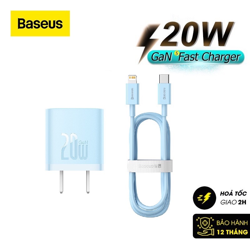 Củ Sạc Nhanh Cho Iphone 20W Baseus Gan5 Fast Charger - Công Nghệ Power Delivery 3.0 Qc 3.0 - Tích Hợp Chip Thông Minh - Công Nghệ Kiểm Soát Nhiệt Độ Bct - Hàng Chính Hãng - Combo Gan5 20W Xanh