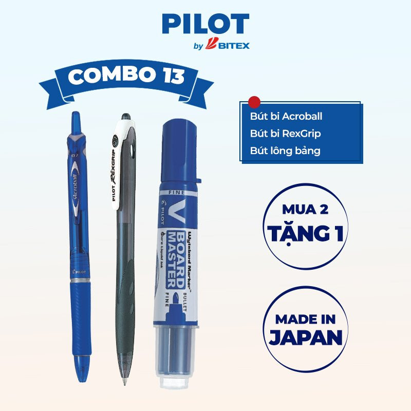 Combo Pilot 13 : Bút bi Acroball mực xanh, Bút bi Rexgrip mực đen,Bút lông bảng V Board Master mực xanh (Tip nhỏ)