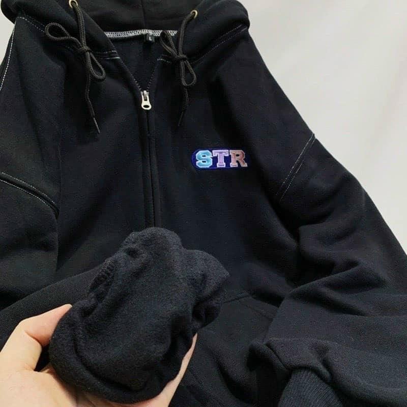 Áo khoác nữ Hoodie khoá kéo thêu STR - Style Hàn Quốc ulzzang - Form rộng oversize