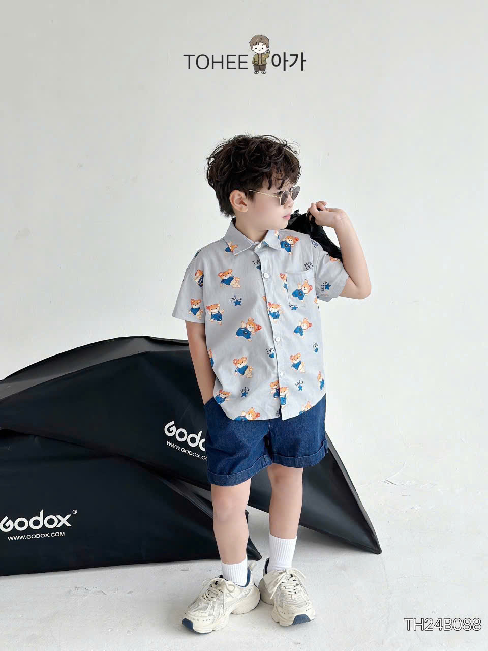 Set bộ cho bé trai áo sơ mi phối quần jeans họa tiết gấu từ 10-25kg chất vải mềm mát
