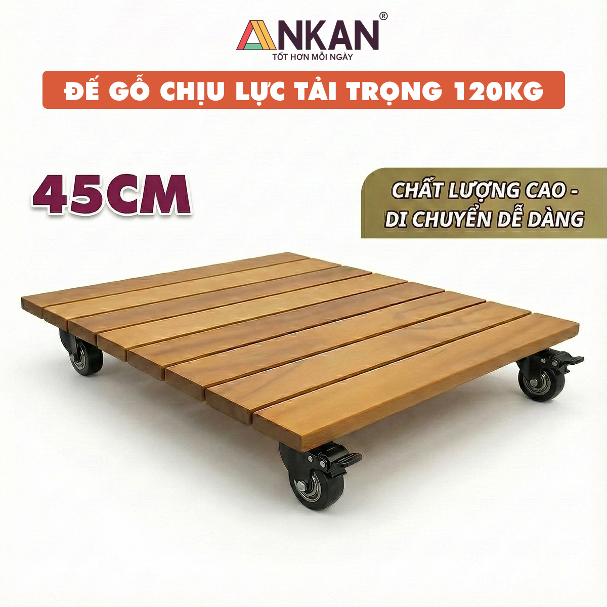 Đế Gỗ Di Chuyển Chậu Cây ANKAN 45x45cm - Bánh Xe 360 Độ Có Khóa, Gỗ Tự Nhiên Chịu Lực Tốt