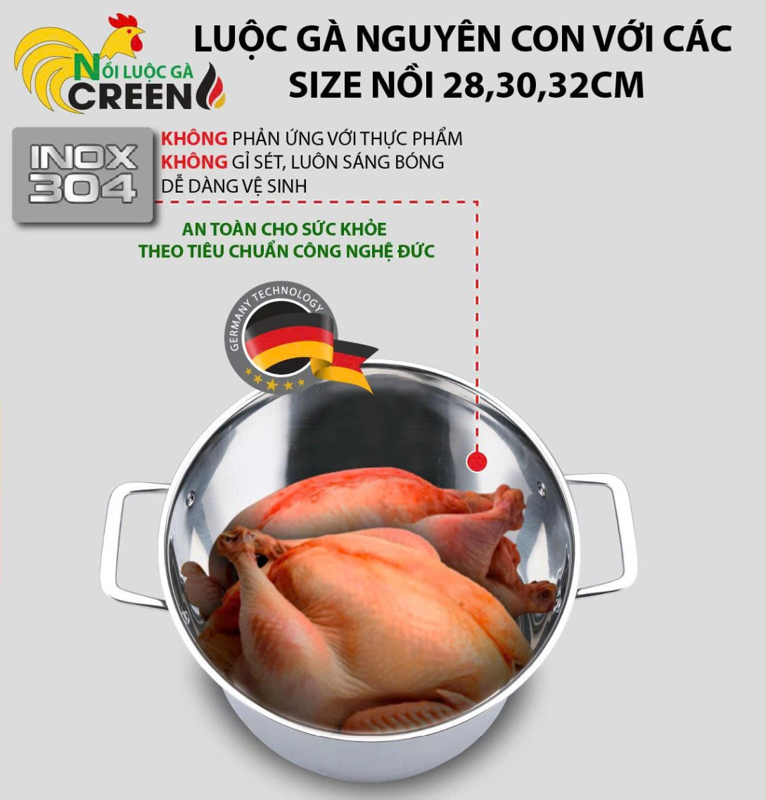 Nồi Luộc Gà inox304 28cm CREEN CR-S28 Đáy Từ 5 Lớp Công Nghệ Đức Bảo Hành 5 Năm - Hàng Chính Hãng