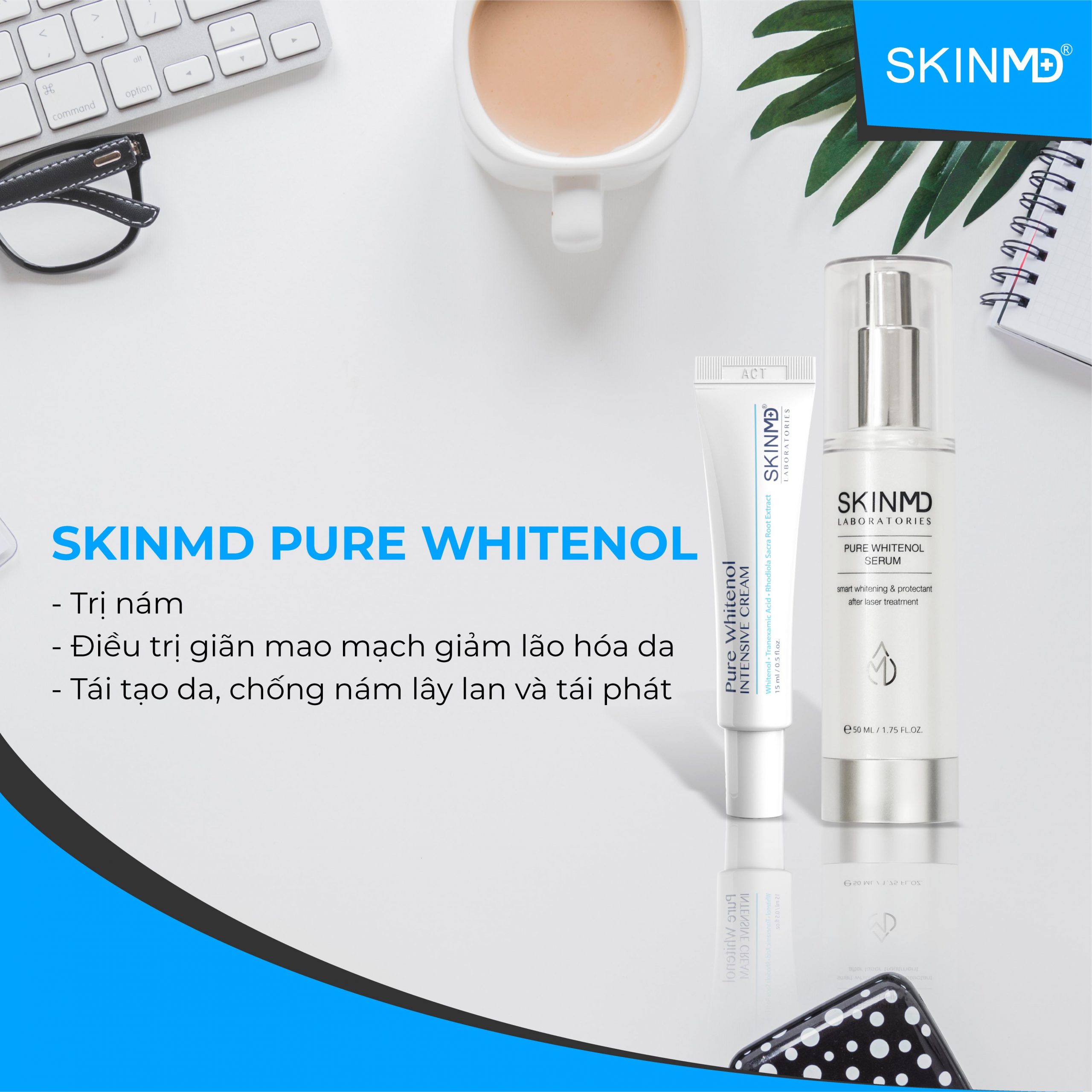 Combo Giảm Nám Và Phục Hồi Tái Tạo Da Ngăn Ngừa Lão Hóa SkinMD Pure Whitenol Hàn Quốc (Serum 50ml, Kem 15ml)