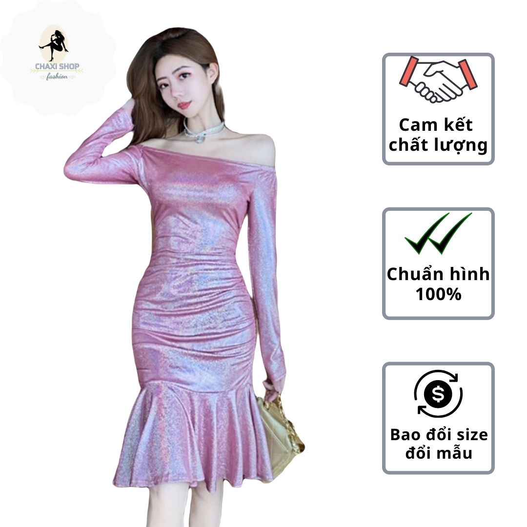 Đầm body đuôi cá trễ vai kim sa màu hồng cao cấp – D126259