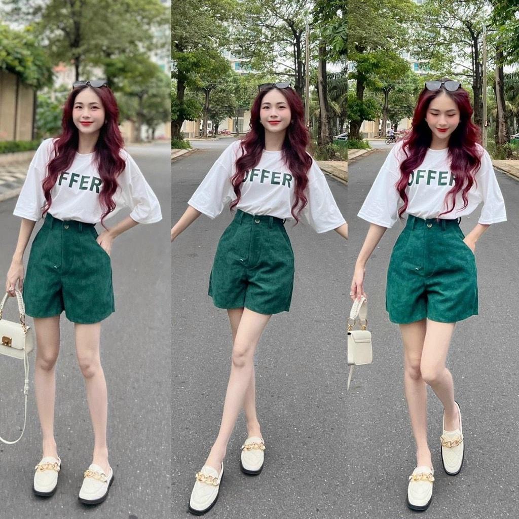 Sét Đồ Bộ Nữ Áo Cotton Cổ Tròn Tay Lỡ Kèm Quần Short Tăm Nhung Thiết Kế độc lạ kdx