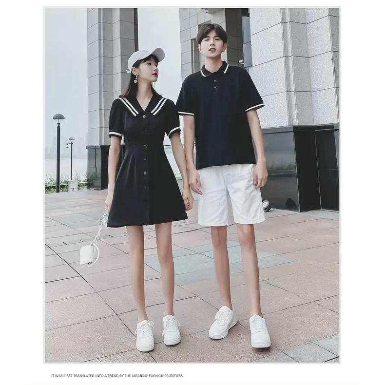 Váy áo đôi thủy thủ nam nữ, Set váy thun đôi polo cao cấp