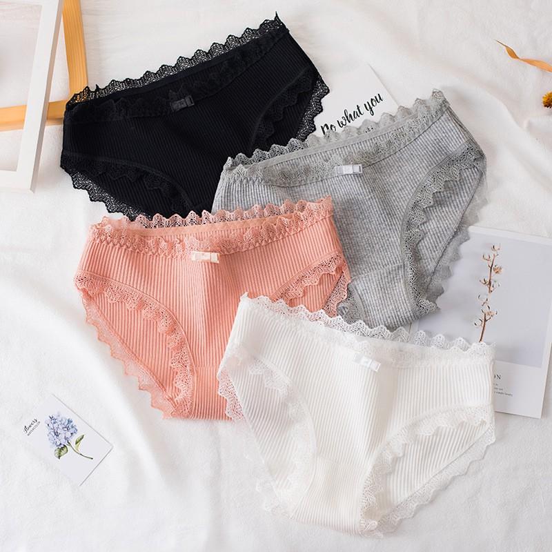 Quần Lót Nữ Viền Ren Gân Tăm Cotton Cao Cấp Kháng Khuẩn Dễ Thương Điệu Đà