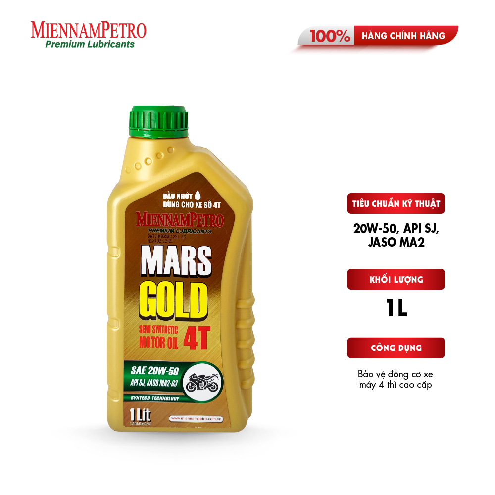 Dầu Nhớt MiennamPetro Mars Gold Motor Oil 4T 20W-50 API SJ JASO MA2 1L Bảo Vệ Động Cơ Xe Máy 4 Thì Cao Cấp