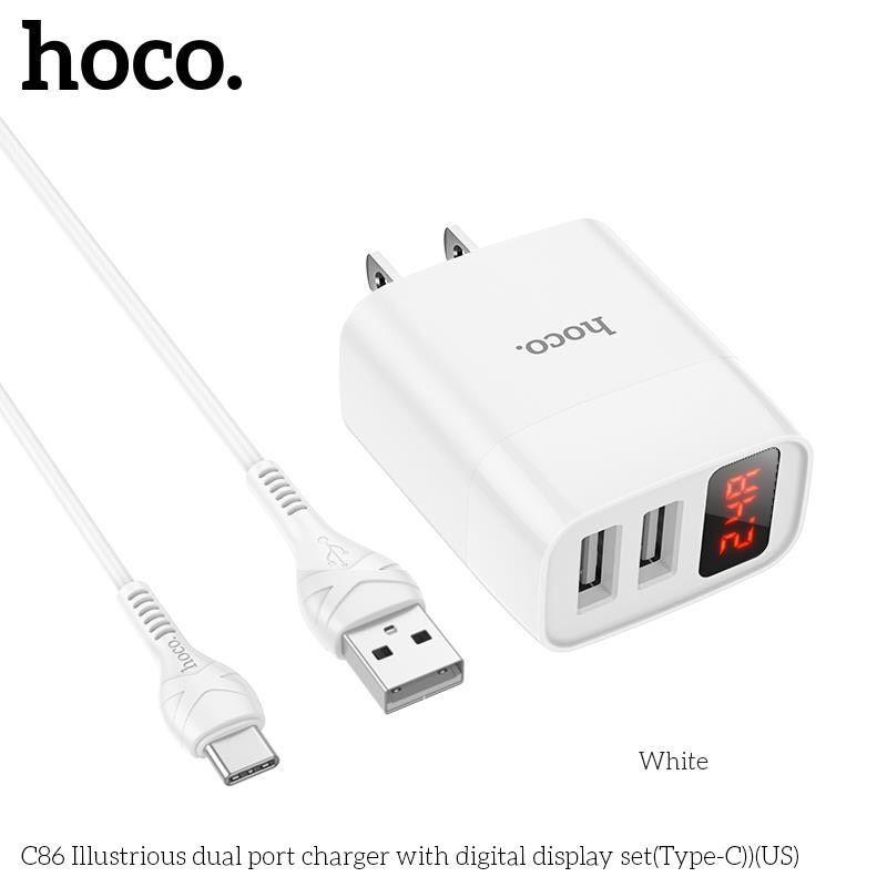 Bộ Sạc Type-C Hoco C86 Cho Samsung, Xiaomi, Oppo,... Bộ Sạc 2 Cổng Có Đèn, Sạc Nhanh MAX 2.4A - Hàng Chính Hãng