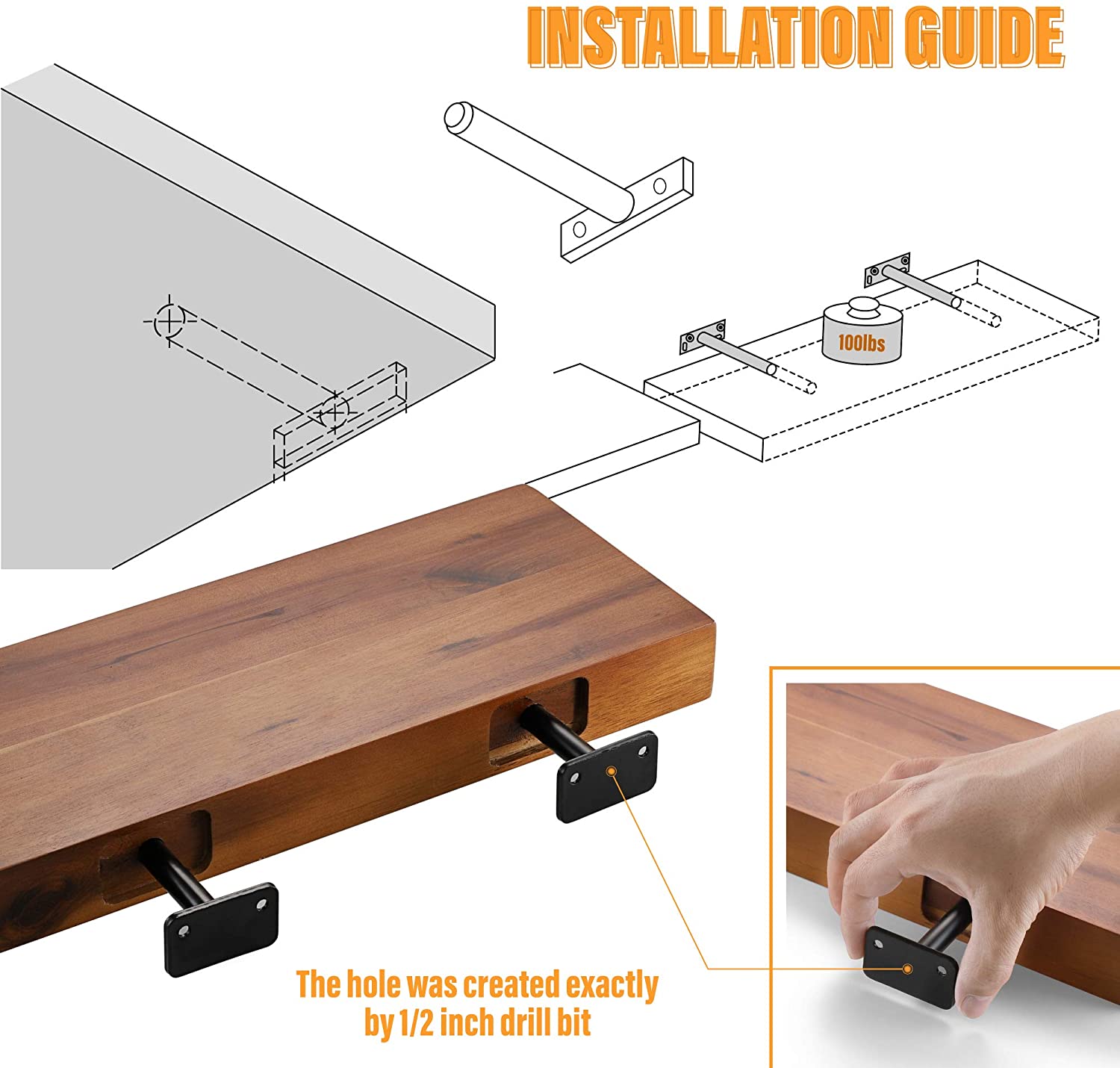 Bộ 4 chốt âm kệ treo tường, pát âm đỡ kệ trang trí bằng thép đặc 15cm kèm phụ kiện vít tắc kê – Hàng chính hãng
