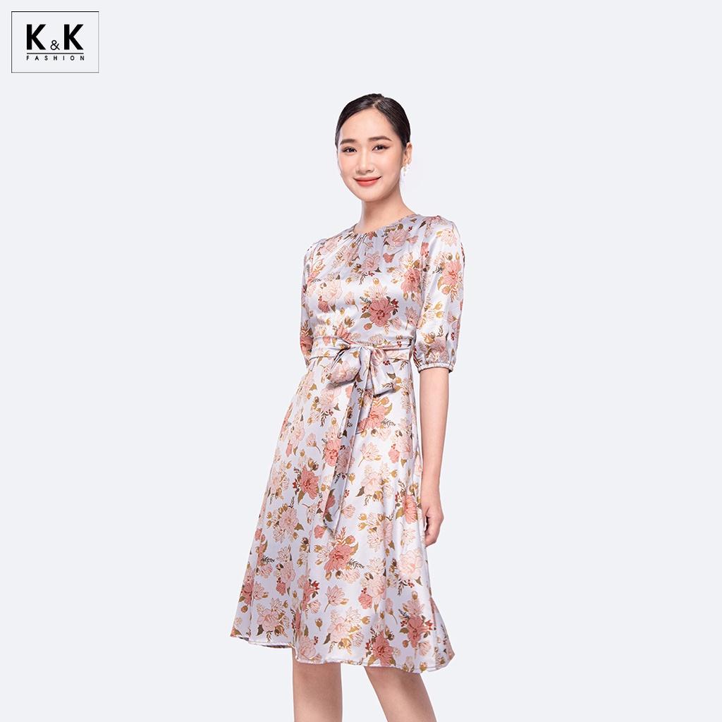 Đầm Lụa Hoa Dáng Xòe Cổ Tròn Tay Lửng K&amp;K Fashion KK119-23 Chất Liệu Lụa