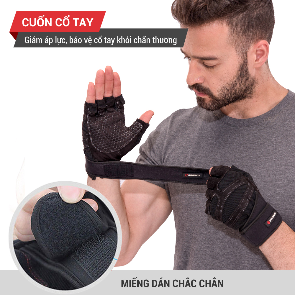 Găng tay tập gym nữ/nam hở ngón, bao tay tập Gym nữ/nam có quấn trợ lực cổ tay, đệm Silicone chống trượt GoodFit GF201G