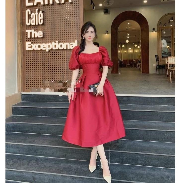 Đầm xoè dự tiệc cổ vuông phối voan tơ cao cấp