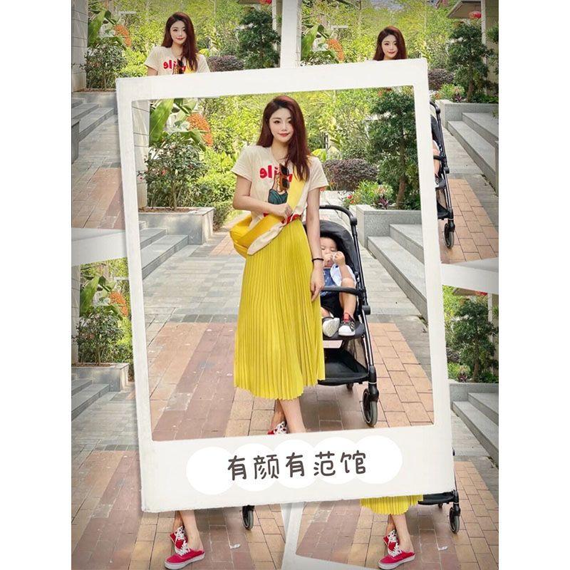 TOBE1SHOP Váy Hồng Kông nhẹ nhàng, hoạt bát, áo thun ngắn tay, thắt lưng mềm mại, váy xếp nếp, con cái mùa hè.