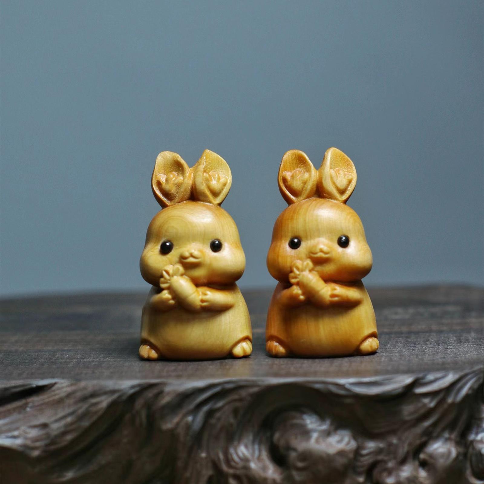 Wood Carving Rabbit Statue Crafts DIY Collectibles Desktop Ornament Miniature Figurine Sculpture for Bookshelf Desktop Living Room