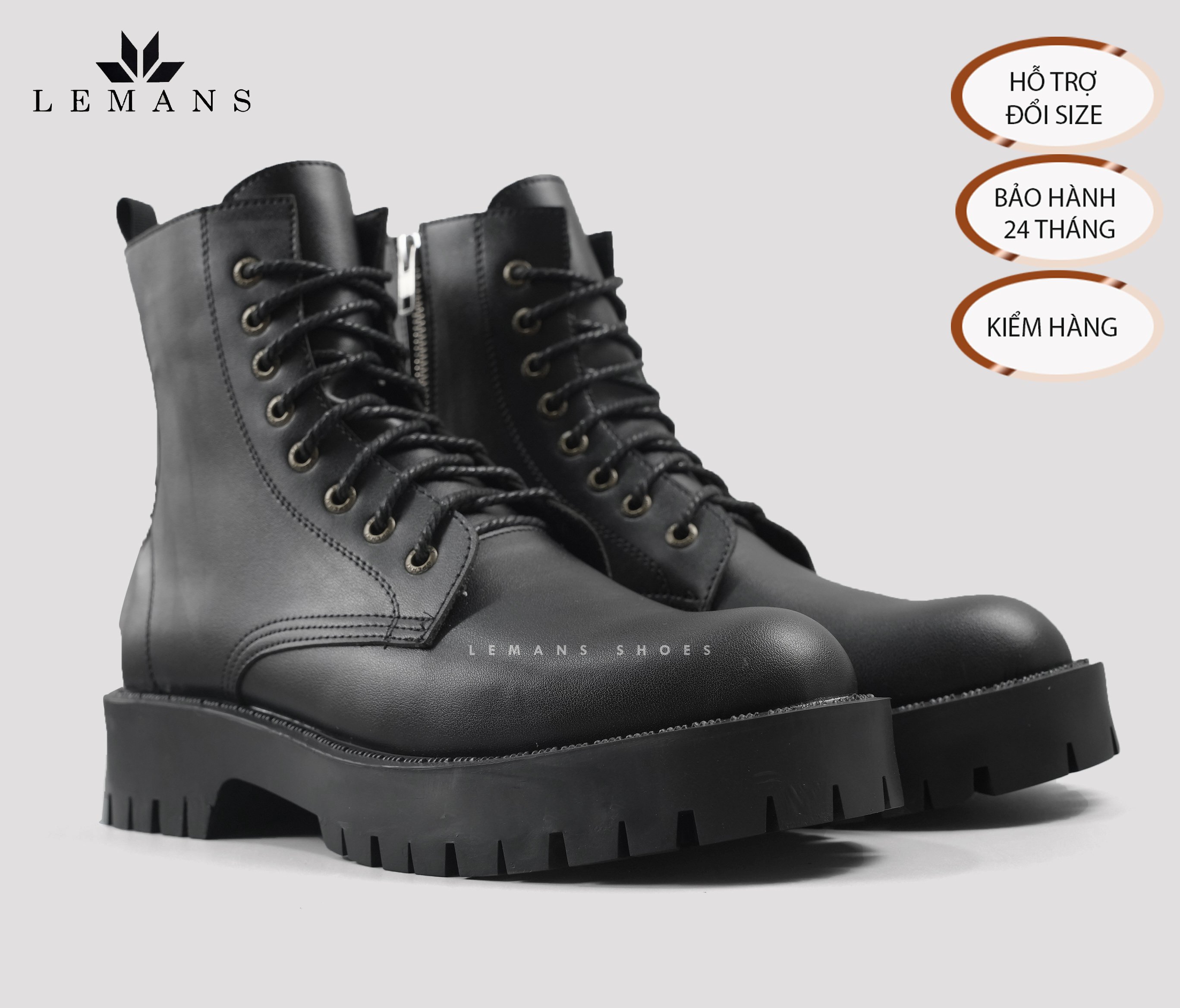 [CHUNKY COMBAT] Boots LEMANS nam - Da bò nguyên tấm - Đế Chunky cao su đúc nguyên khối - Bảo hành 12 tháng