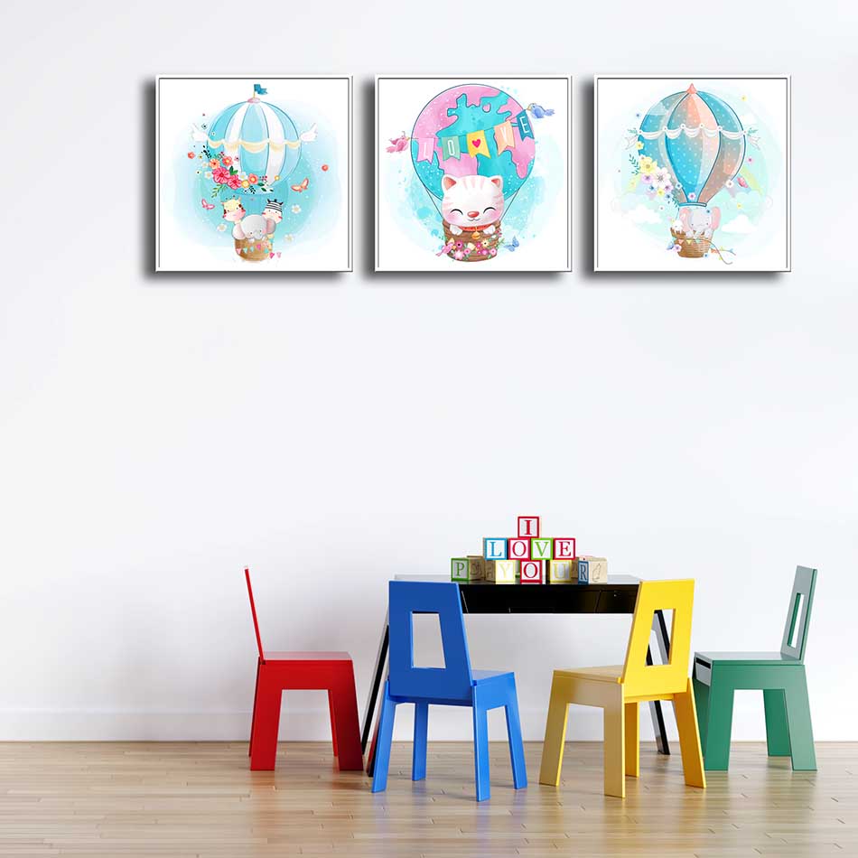 Bộ 3 tranh canvas trang trí phòng trẻ em Mèo con và những người bạn - TTE003