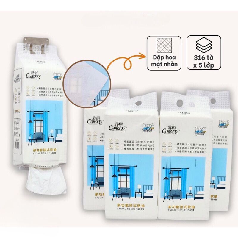 Khăn giấy 5 lớp dạng rút treo tường cao cấp Caitong 1580 Tờ 1 Túi mầu trắng cam, siêu dai mềm mịn