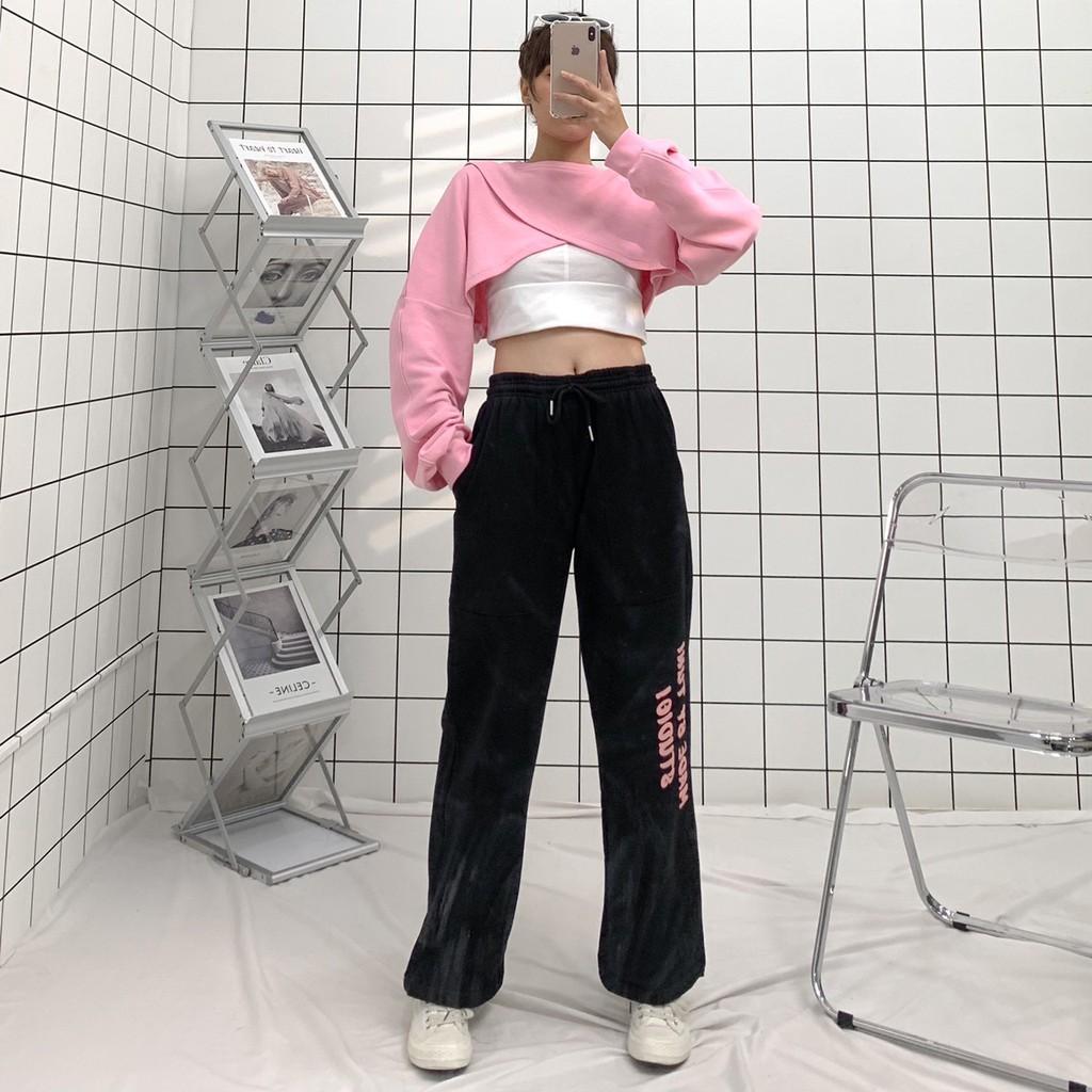 Áo Croptop Dài Tay Dáng Rộng Đắp Chéo Phong Cách Hàn Quốc