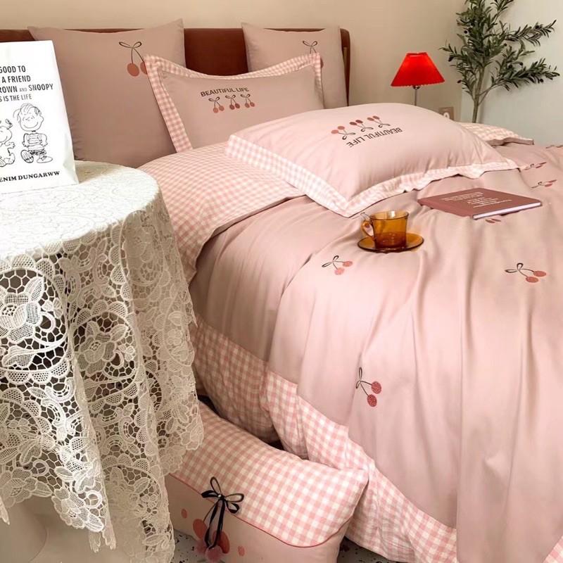 Bộ Chăn Ga Gối Lụa Tencel Thêu Hàng Nhập Khẩu Cao Cấp 5 Món Cherry Mộng Mơ
