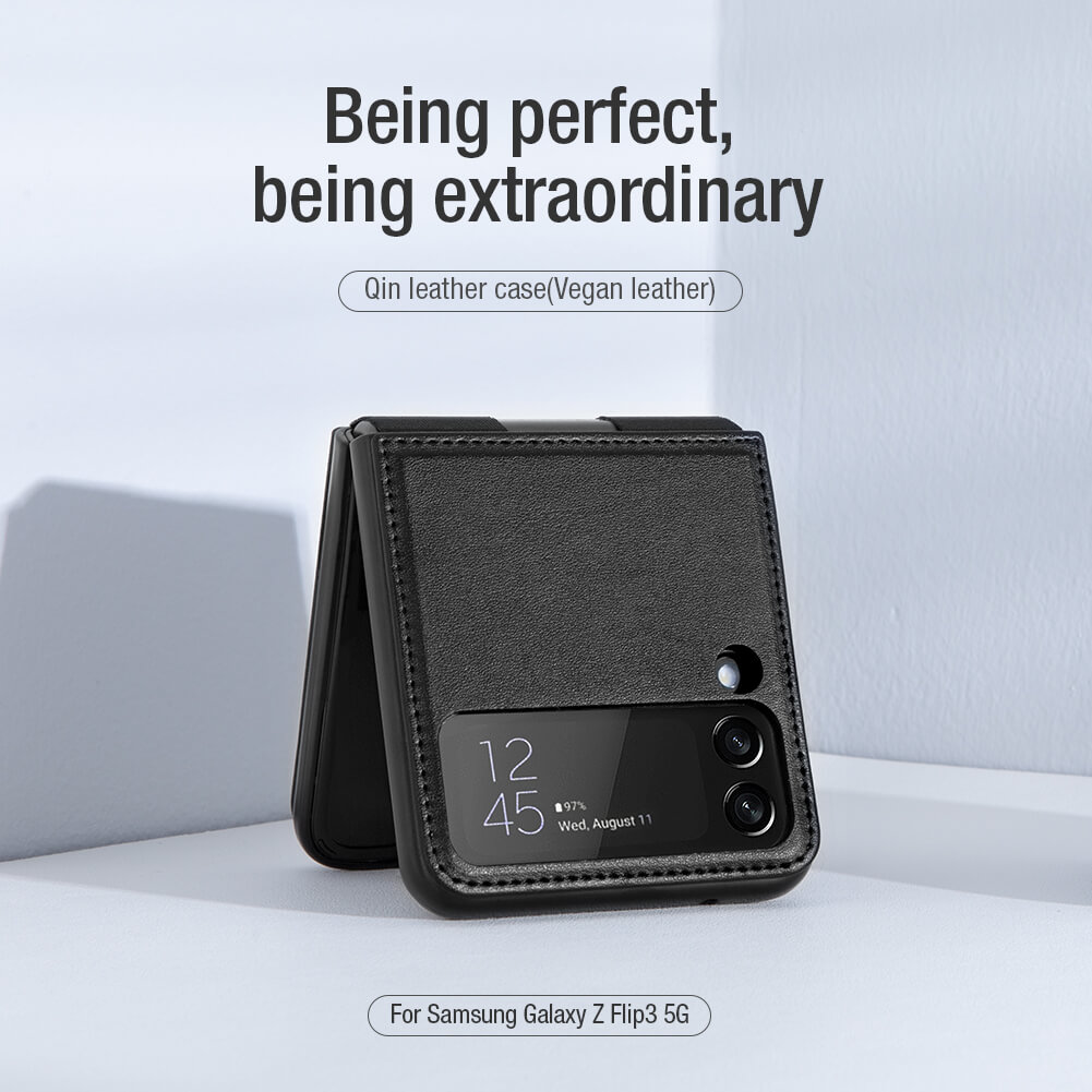 Case bao da chống sốc cho Samsung Galaxy Z Flip 4 trang bị chân chống giá đỡ điện thoại hiệu Nillkin Qin Vegan (bảo vệ máy cực tốt, chất liệu da thật cao cấp, thiết kế thời trang cá tính) - hàng nhập khẩu